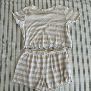 BILLABONG BREEZE BY High Waist Stripe Ruffle Hem Shorts Neutral | Womens Set | L